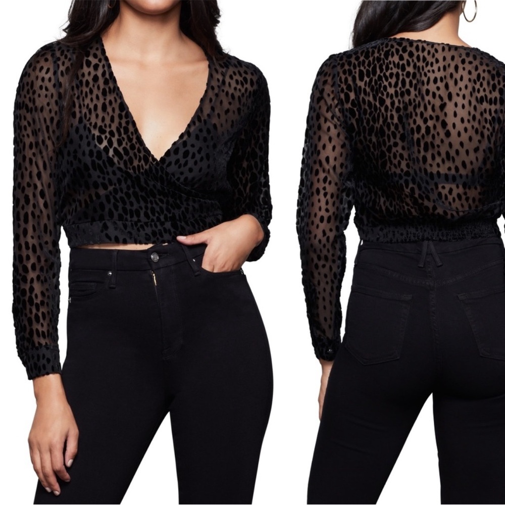 Good American Size 4 Black Sheer Bliss Burnout Velvet Leopard Print Wrap Top